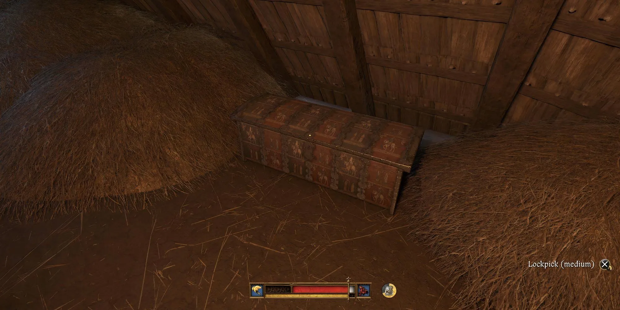 Một chiếc rương được sơn vẽ trong Kingdom Come Deliverance 2, nơi có thể cất giấu những món đồ giá trị hoặc đồ ăn cắp
