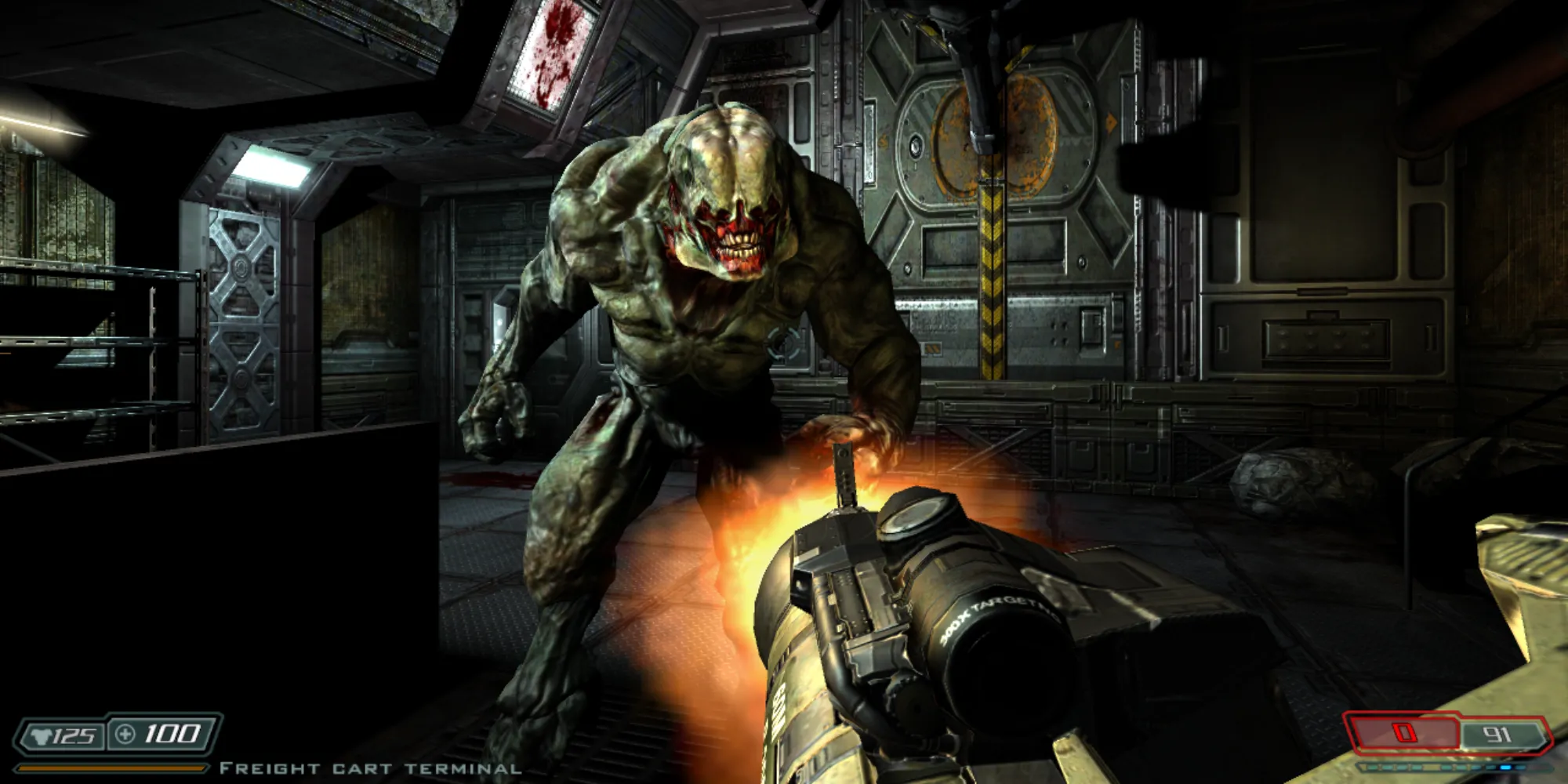 Một con quỷ trong Doom 3 bị bắn hạ trong môi trường tối tăm, đậm chất kinh dị