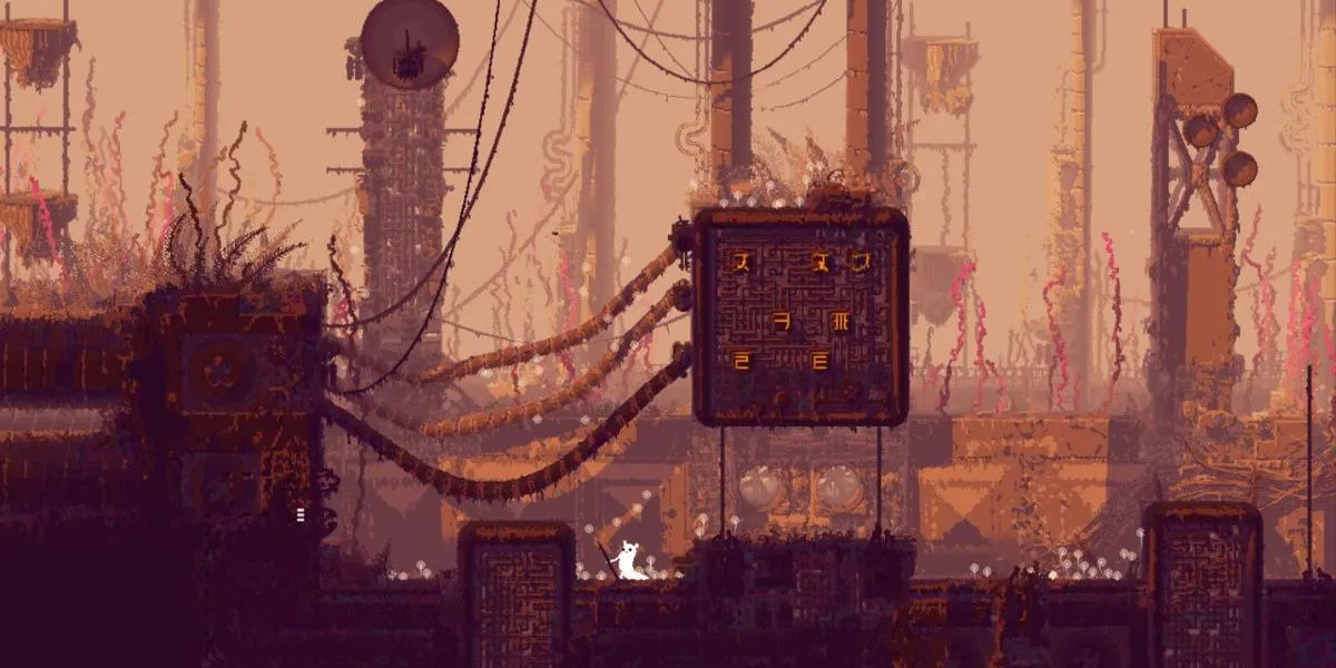 Một khu vực trong Rain World, thể hiện môi trường khắc nghiệt và hệ sinh thái độc đáo mà người chơi phải đối mặt.