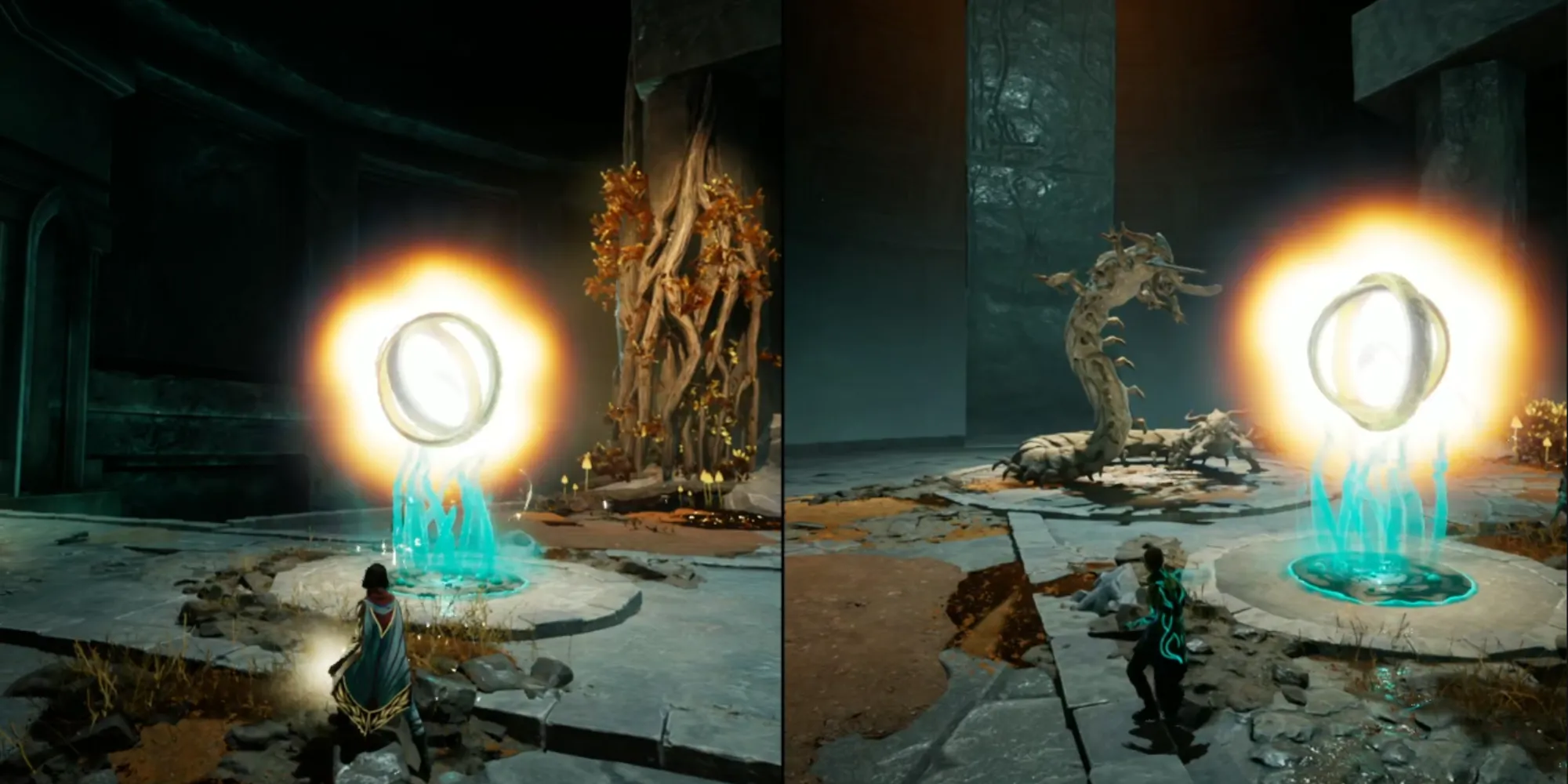 Một khung cảnh trong game Split Fiction tại khu vực The Hollow với kiến trúc độc đáo và ánh sáng huyền ảo
