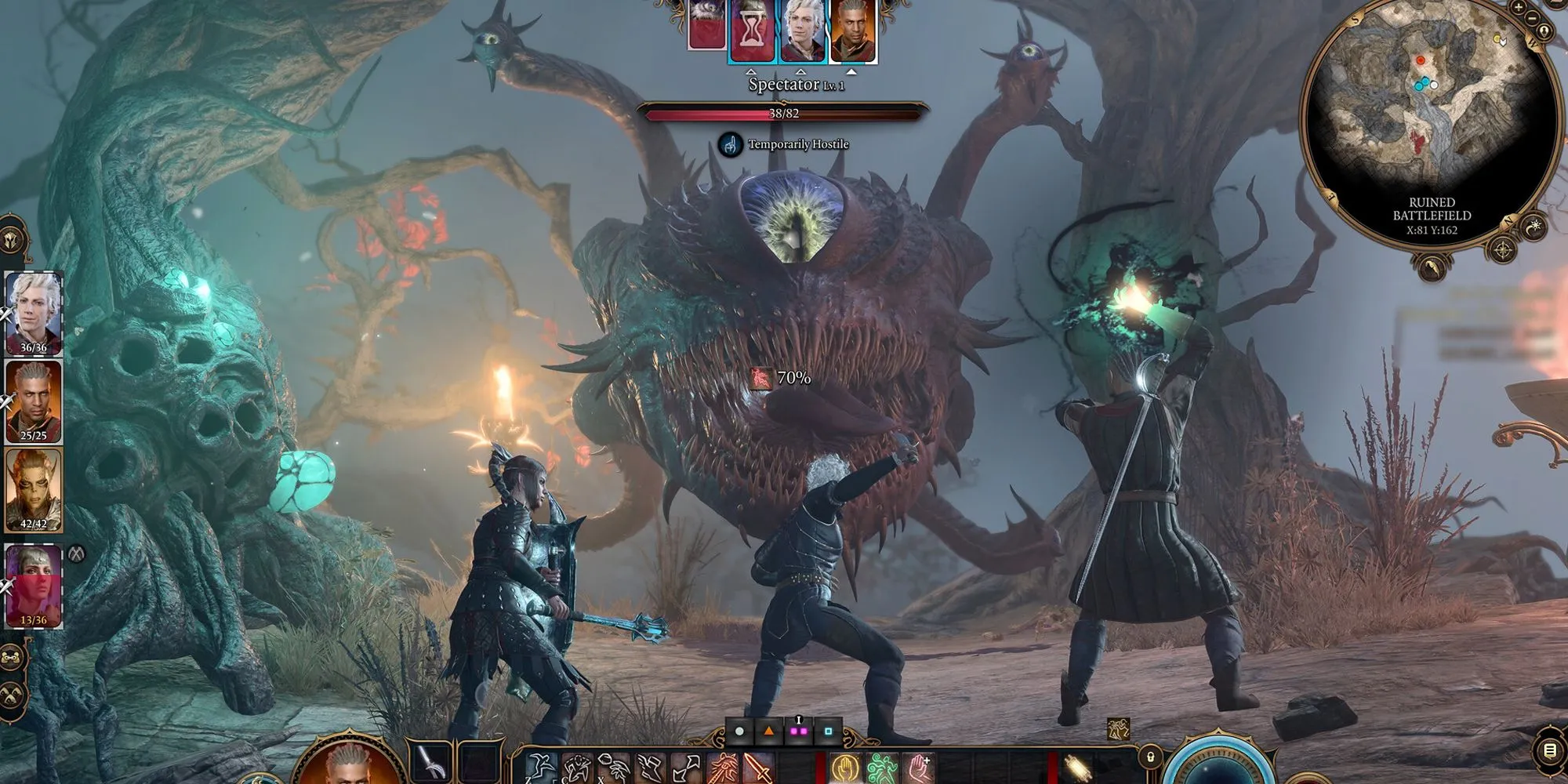 Một nhóm nhân vật đang chiến đấu theo lượt trong Baldur's Gate 3