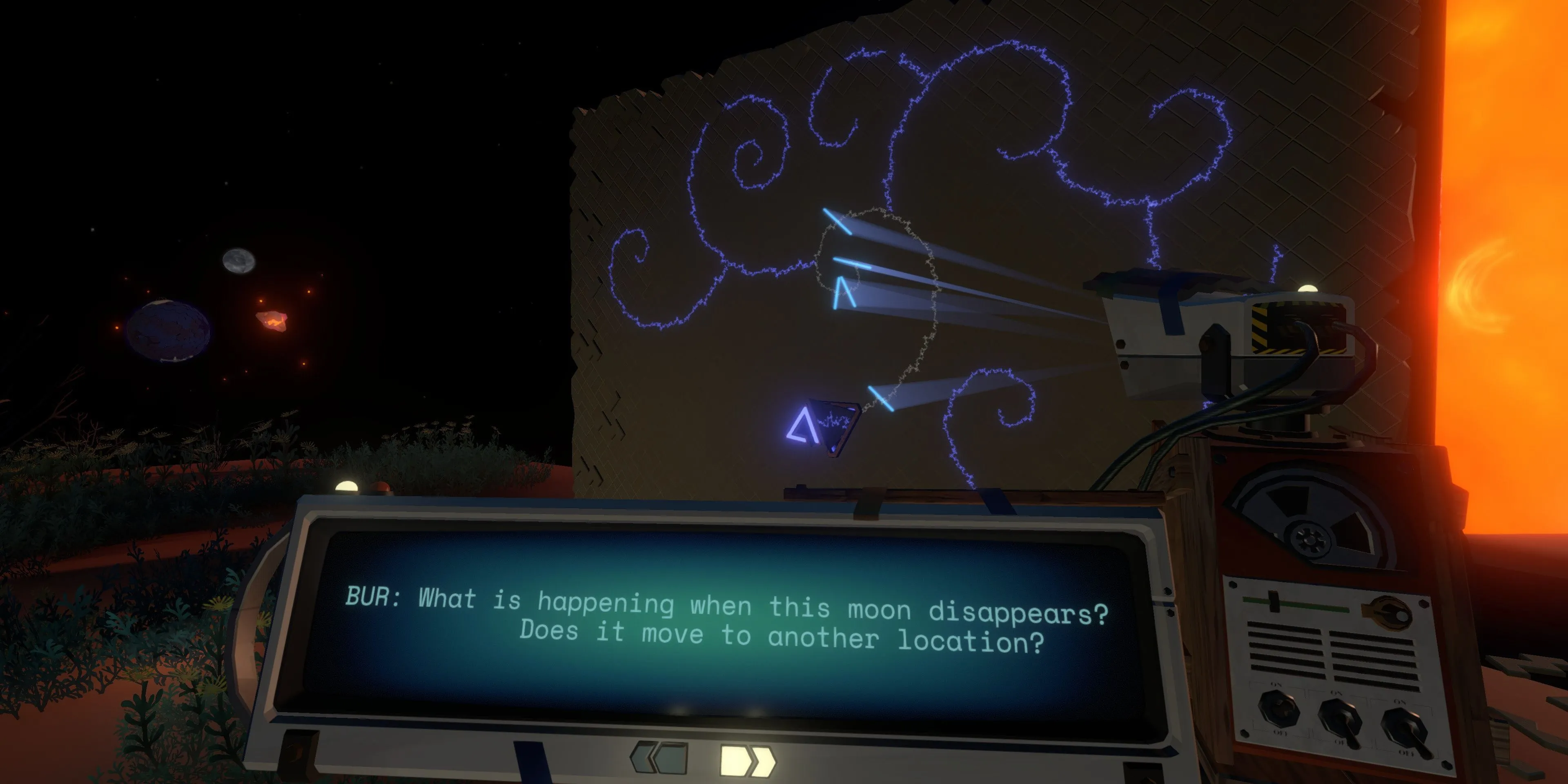Người chơi đang dịch văn bản Nomai cổ đại trong Outer Wilds