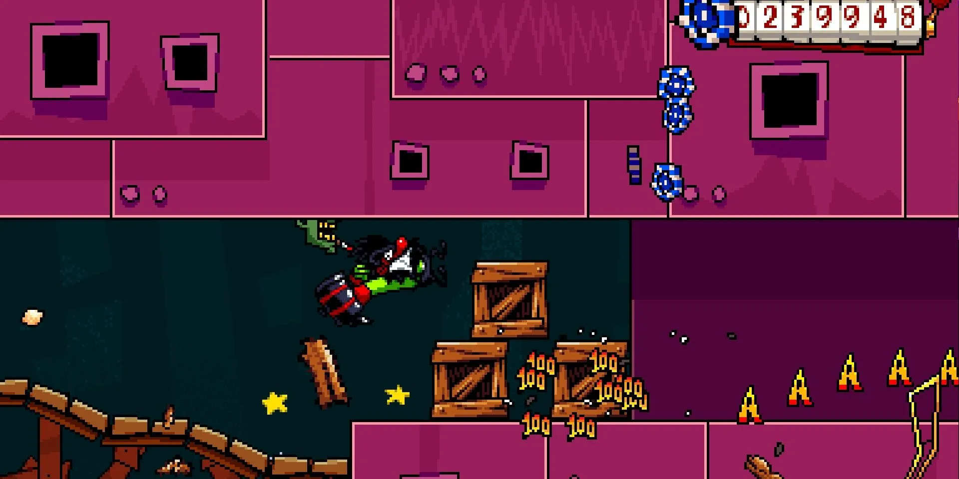 Nhân vật Anton trong game Antonblast đang phá hủy tòa nhà trong một màn chơi thành phố