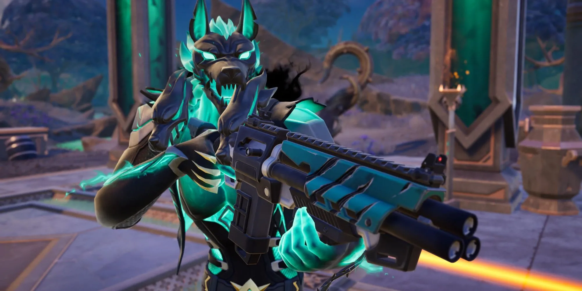 Nhân vật Cerberus trong Fortnite Chapter 5 Season 2 đứng giữa khung cảnh thần thoại Hy Lạp