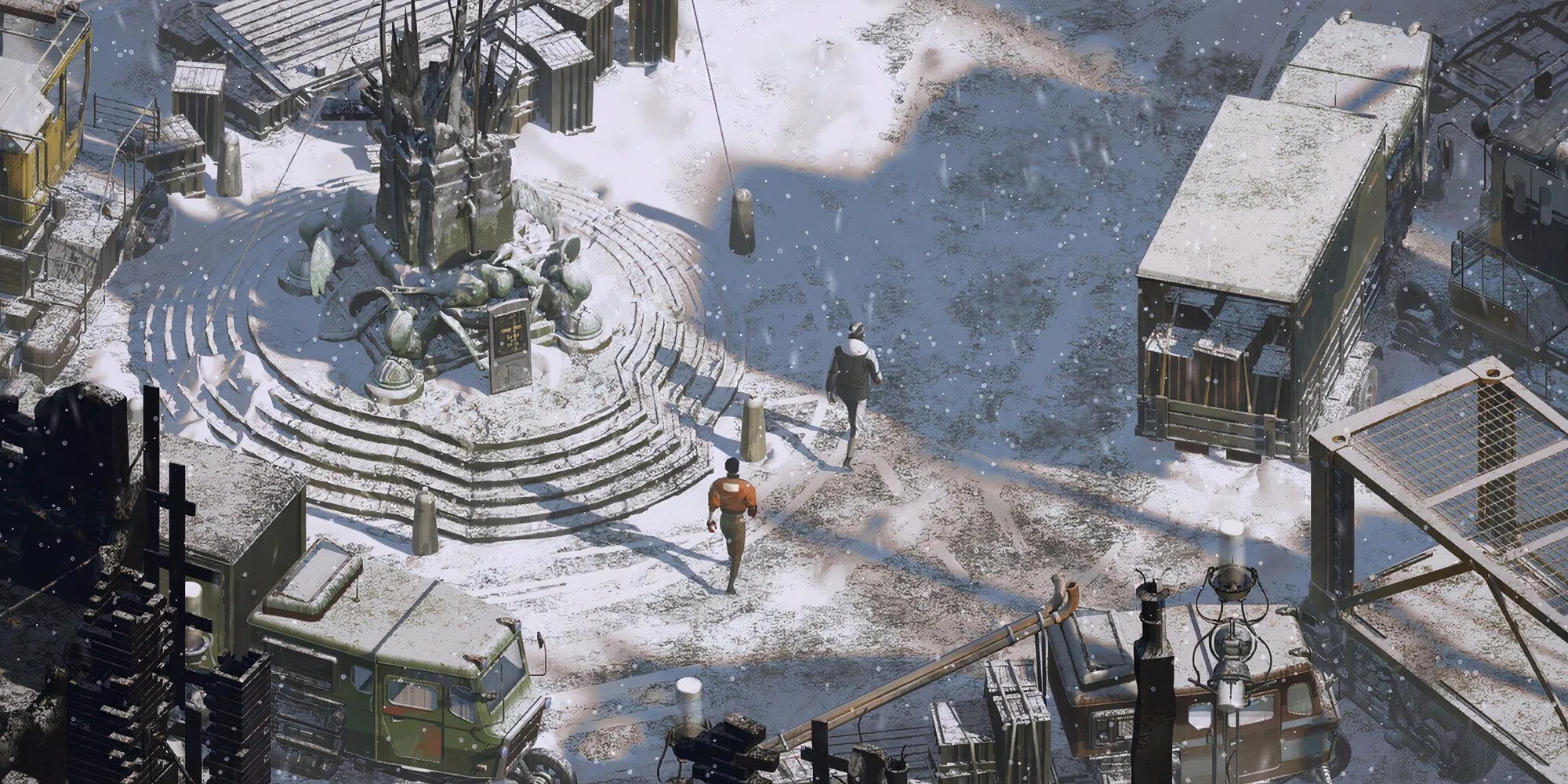 Nhân vật chính của Disco Elysium cùng đồng đội đi bộ trong tuyết bên ngoài