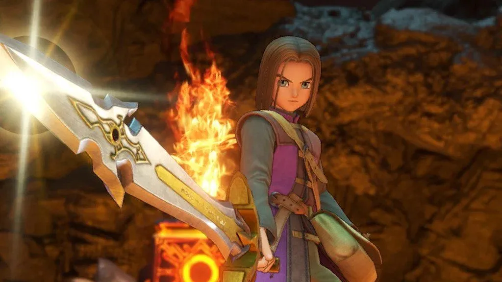 Nhân vật chính (Hero) của Dragon Quest XI S cầm kiếm, sẵn sàng cho cuộc phiêu lưu trong thế giới Erdrea đầy màu sắc