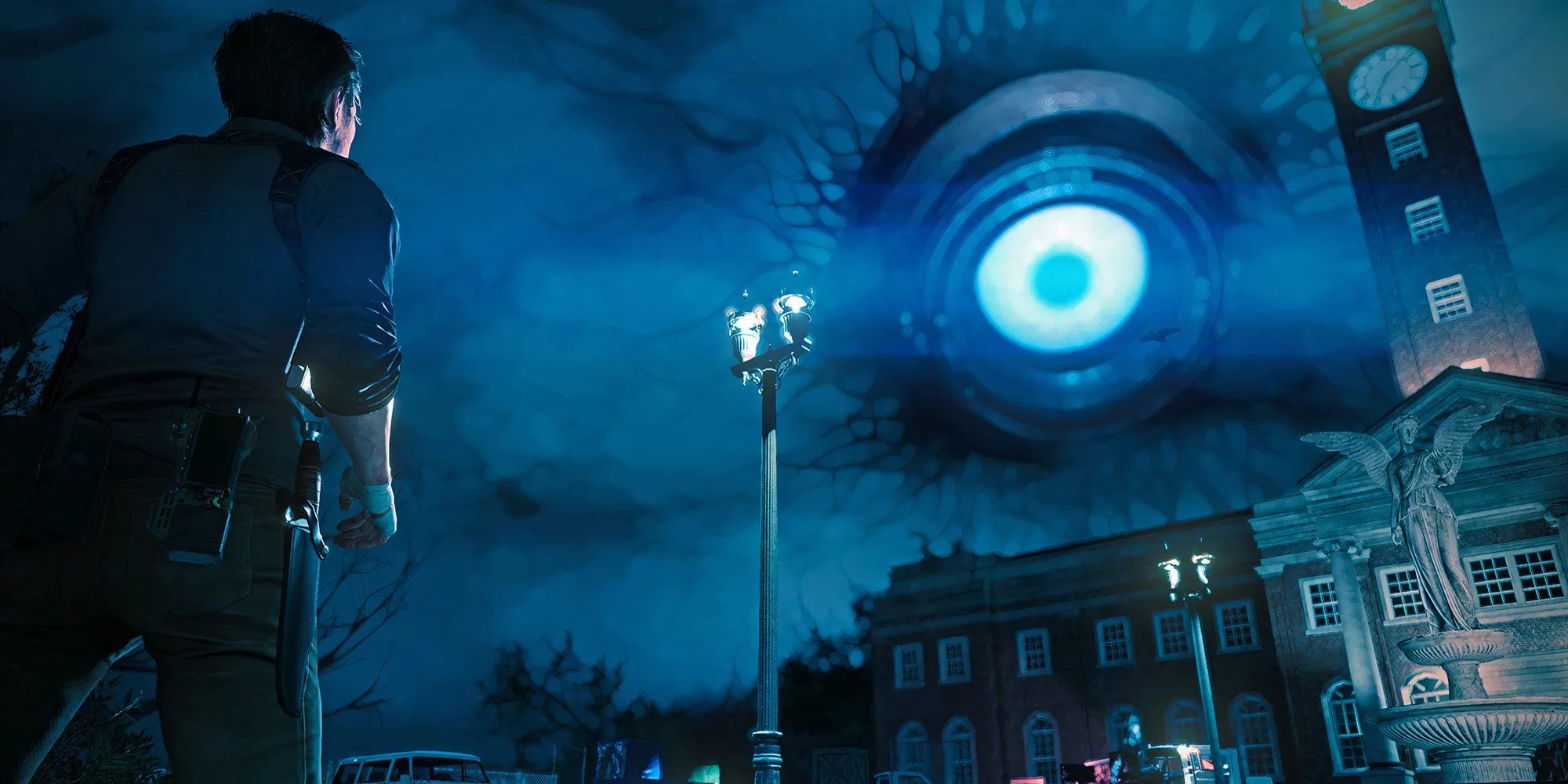 Nhân vật chính Sebastian Castellanos trong The Evil Within 2 nhìn lên con mắt khổng lồ trên bầu trời