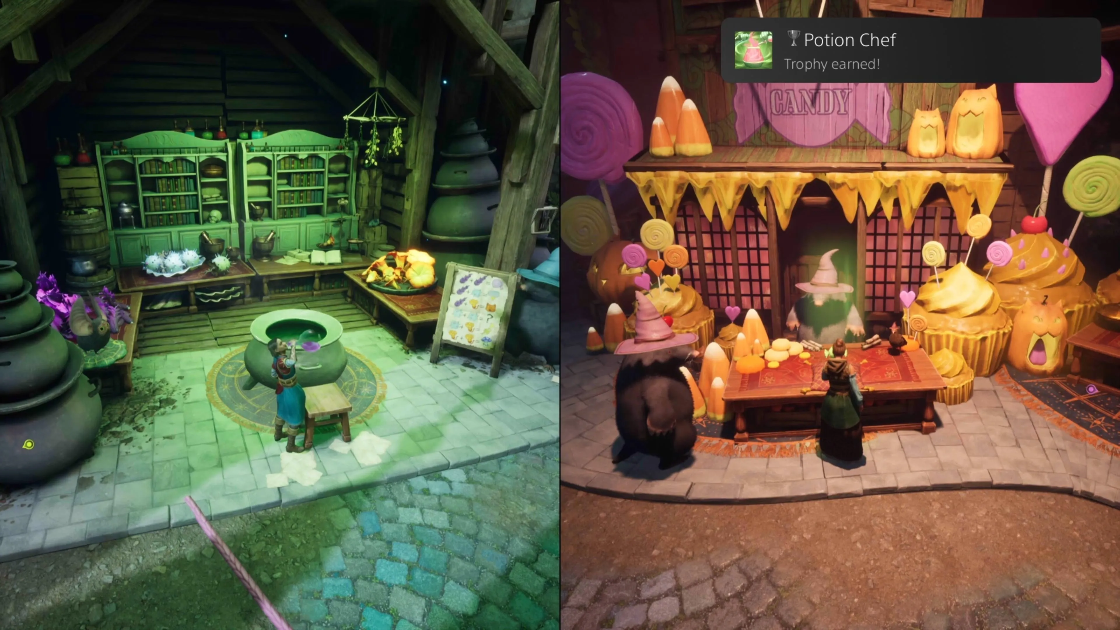 Nhân vật đang pha chế độc dược để nhận trophy Potion Chef tại Chợ Ánh Trăng, Split Fiction