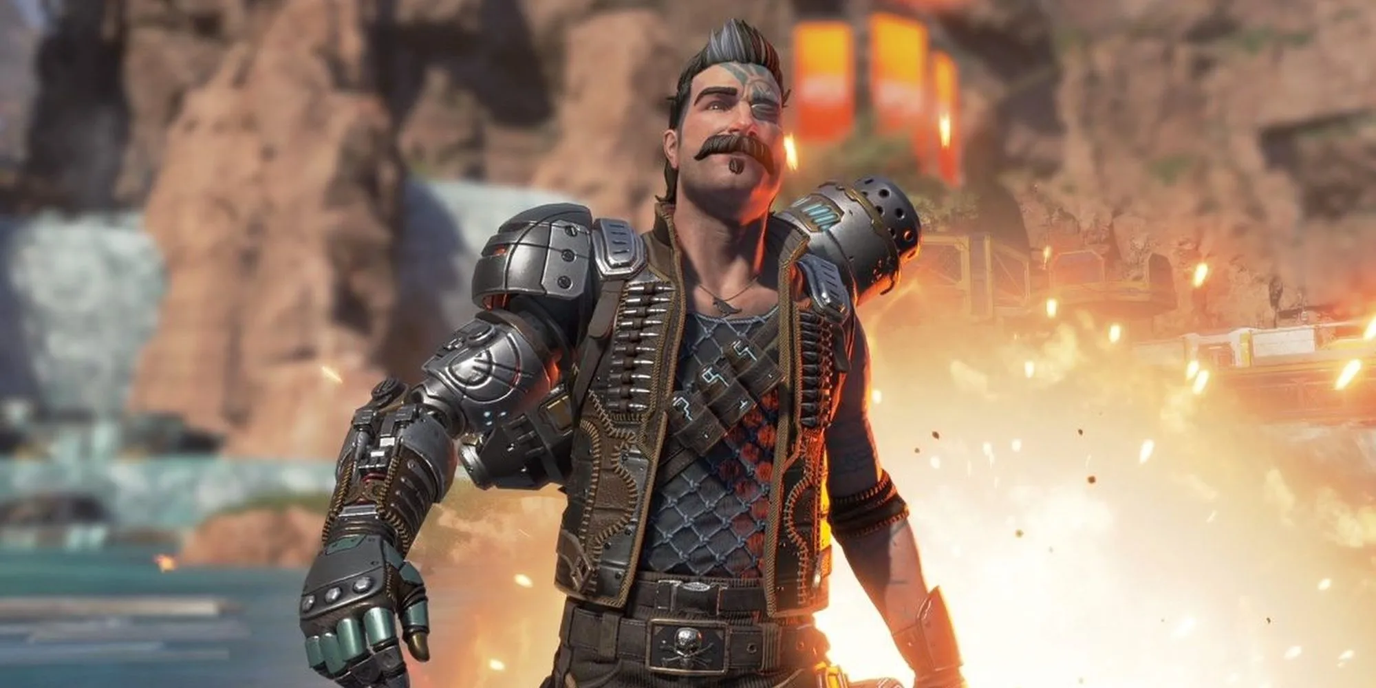 Nhân vật Fuse trong Apex Legends với vụ nổ phía sau