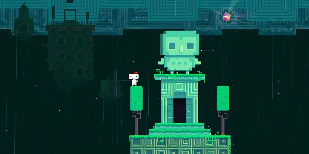 Nhân vật game Fez đứng trước bức tượng xanh lá cây lớn