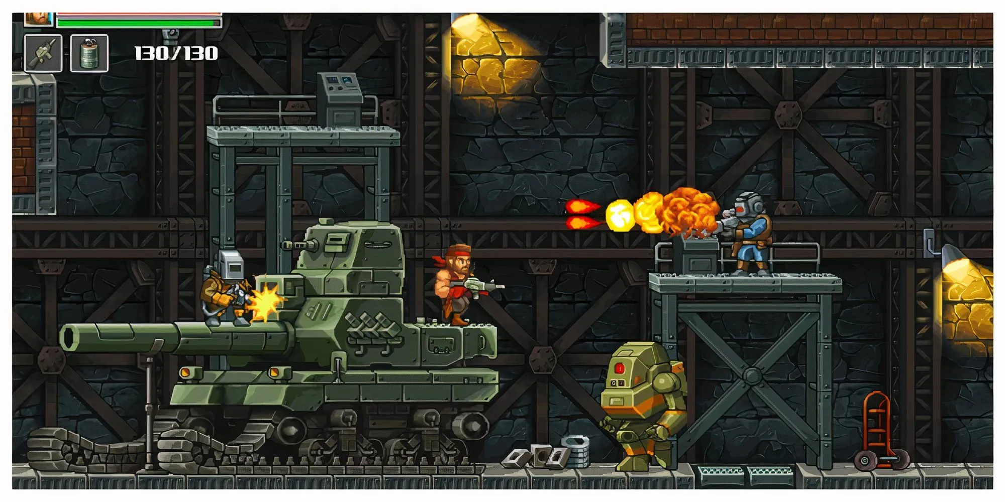 Nhân vật Guns of Fury chiến đấu trong môi trường game kết hợp run &amp; gun và Metroidvania