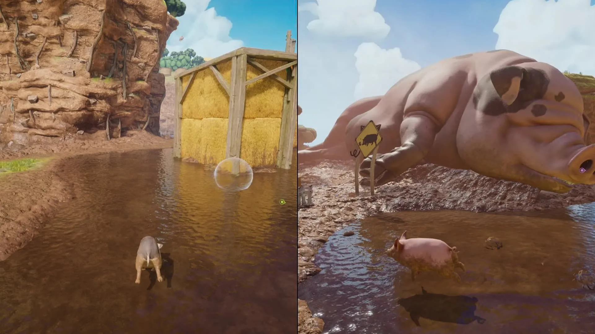 Nhân vật heo Mio sử dụng bong bóng và kỹ năng fart jump để lấy táo tím bên ngoài chuồng trại trong Split Fiction Farmlife