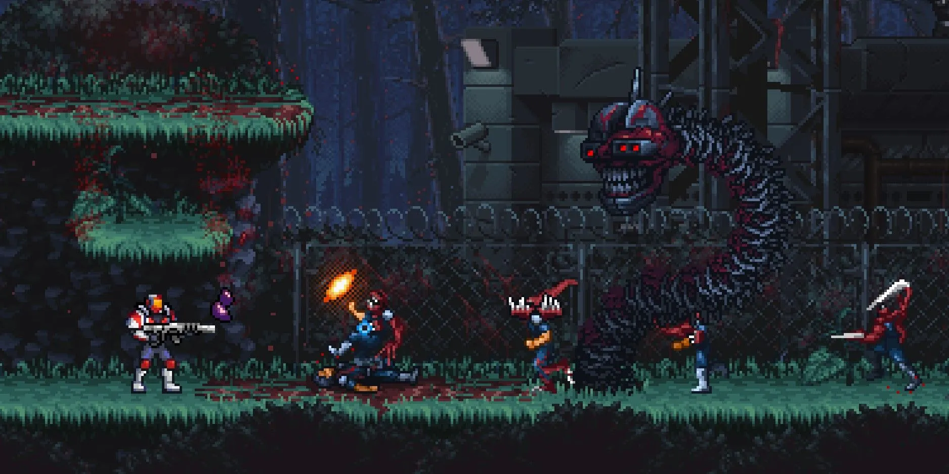 Nhân vật Iron Meat chiến đấu với quái vật thịt gớm ghiếc trong game retro