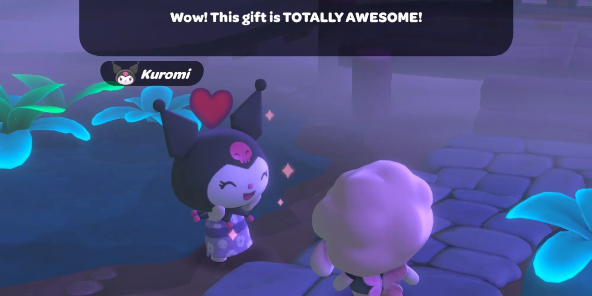 Nhân vật Kuromi nhận quà tăng tình bạn trong Hello Kitty Island Adventure