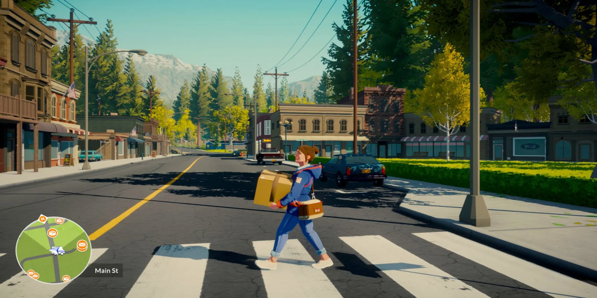 Nhân vật Meredith Weiss đi qua vạch sang đường với các gói hàng trong game Lake