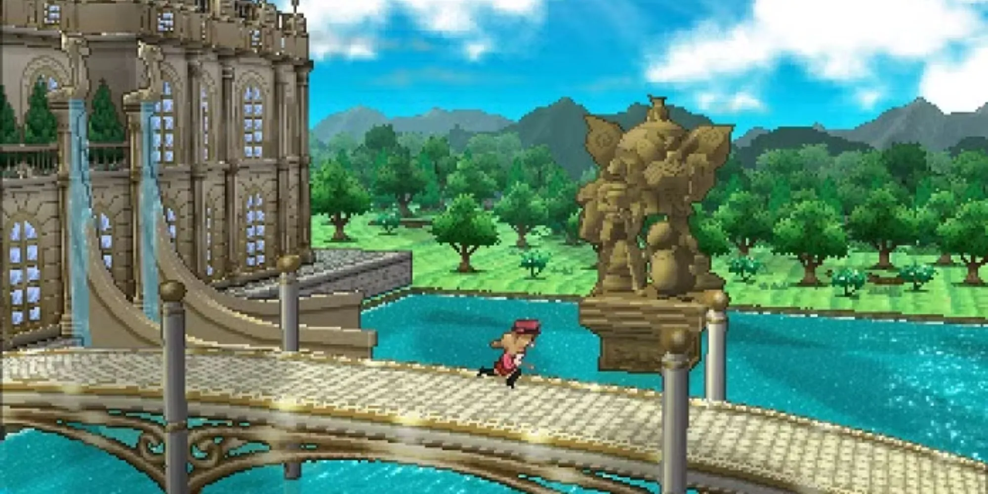 Nhân vật người chơi chạy qua một cây cầu trong Pokemon X and Y