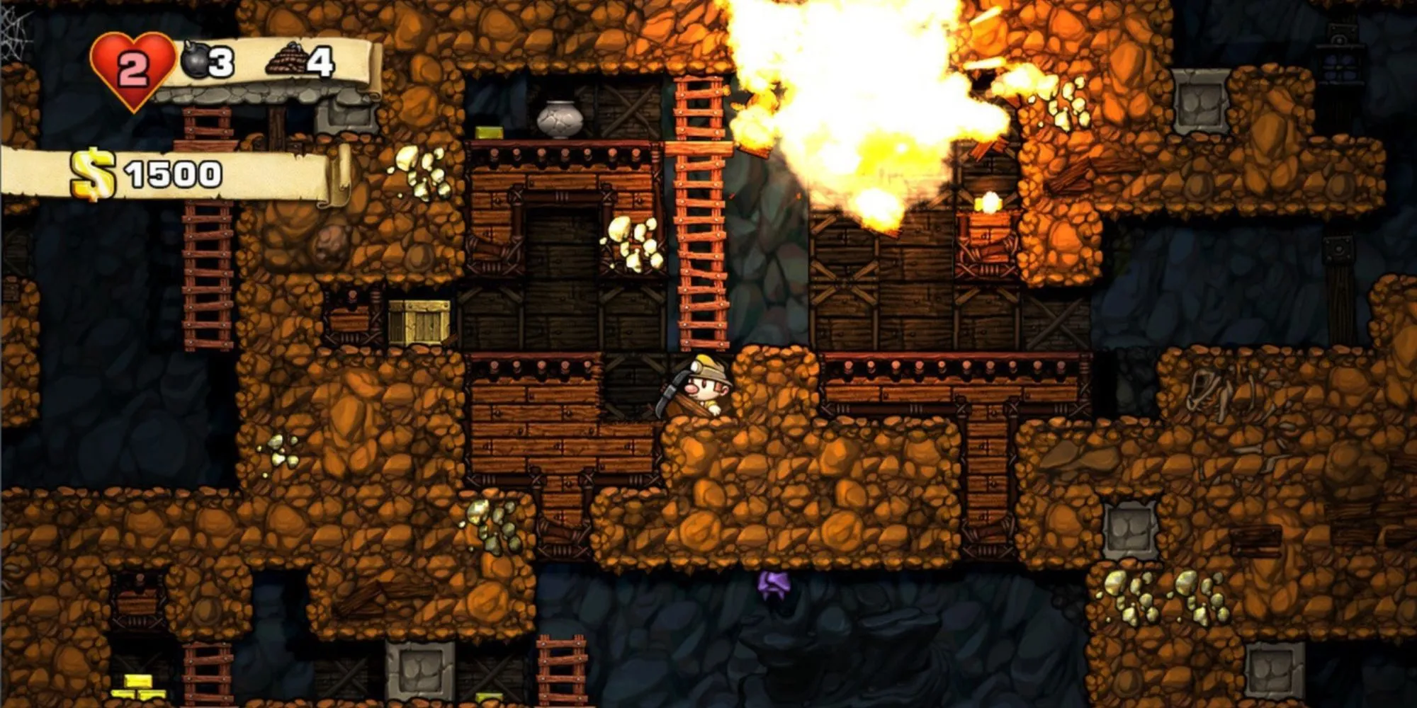 Nhân vật nhà thám hiểm đội mũ đang cầm roi trong game Spelunky