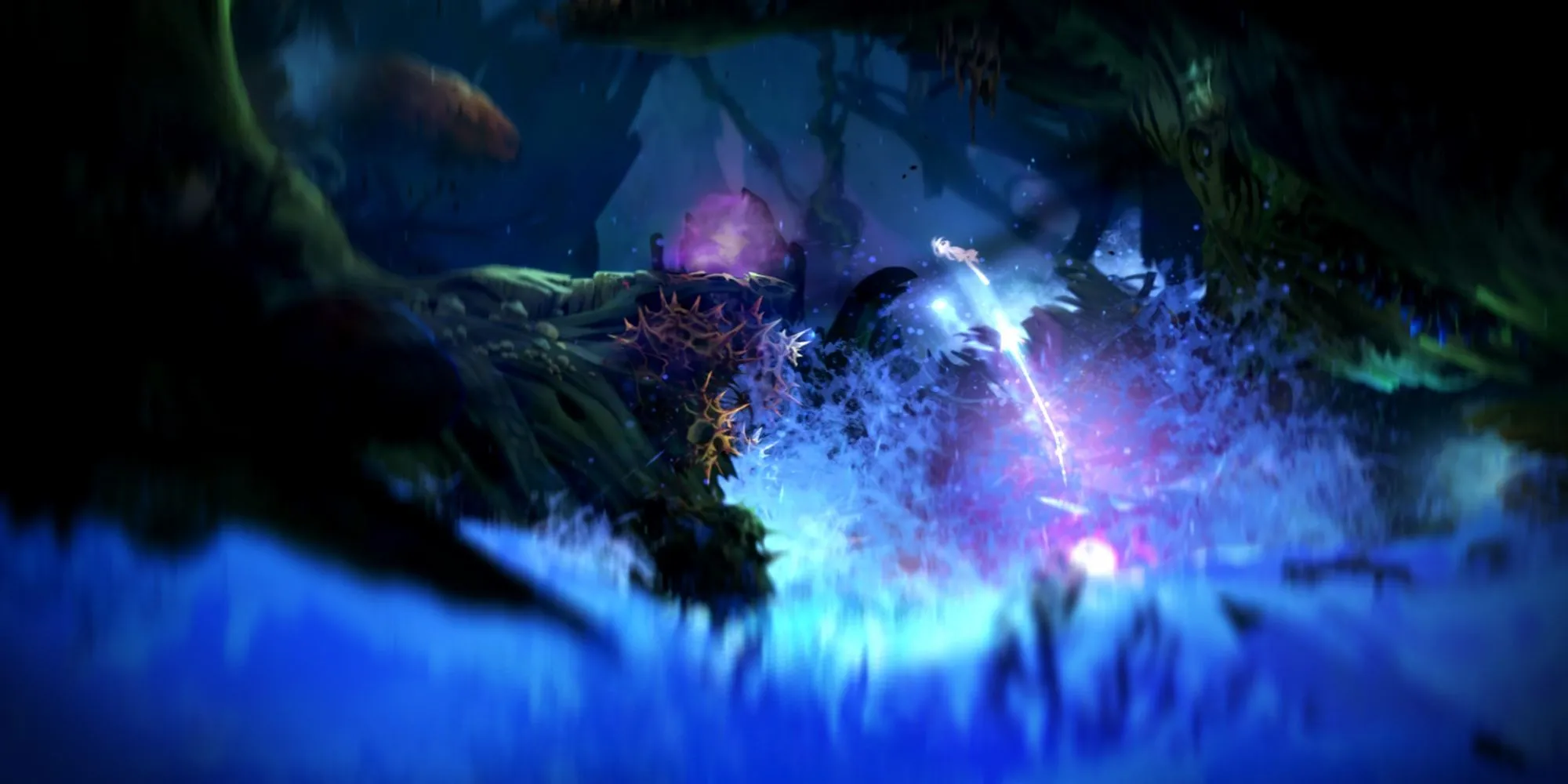 Nhân vật Ori nhỏ bé phát sáng giữa khu rừng huyền ảo trong Ori and the Blind Forest