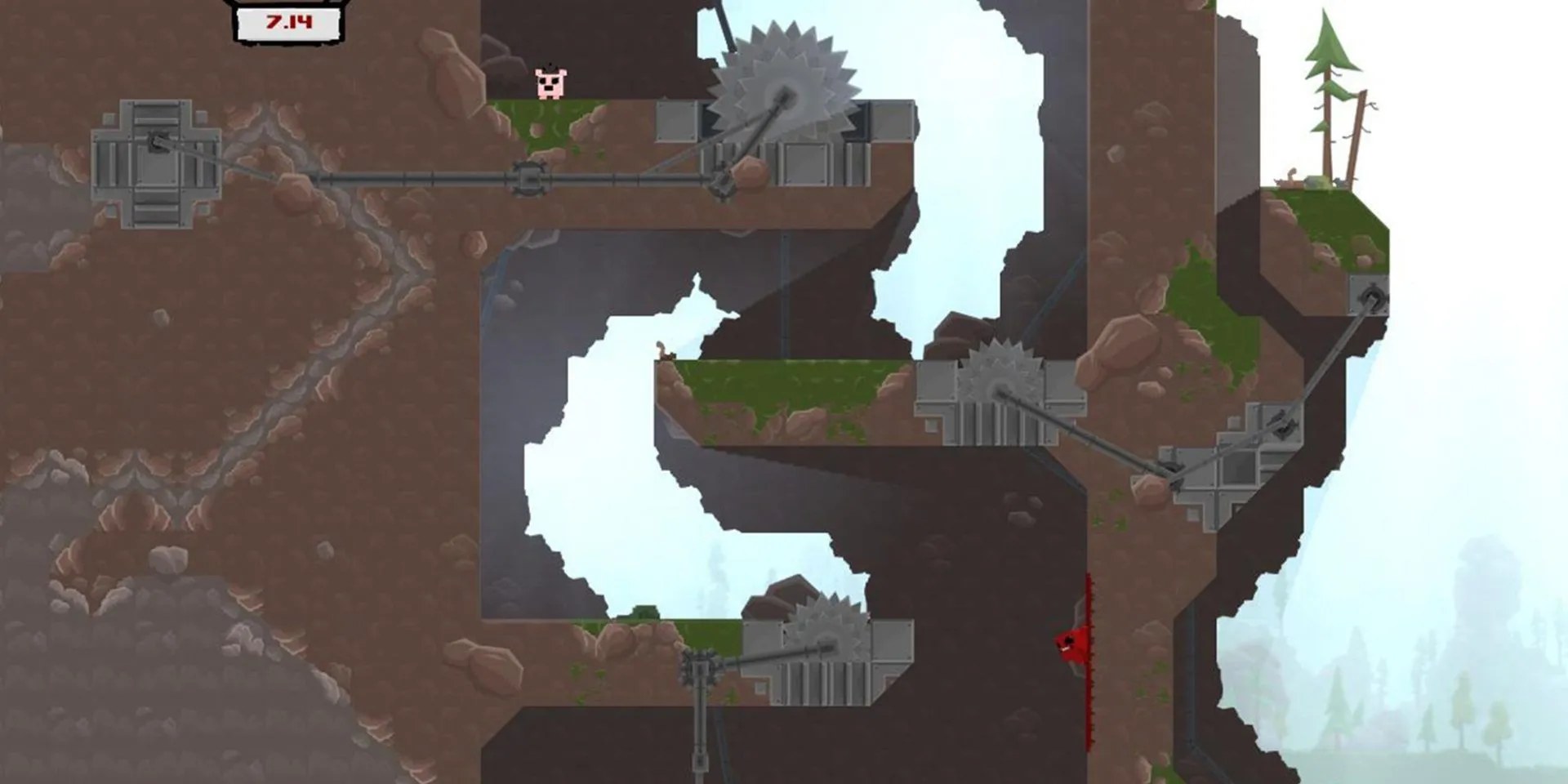 Nhân vật Super Meat Boy đang nhảy qua các lưỡi cưa để cứu Bandage Girl