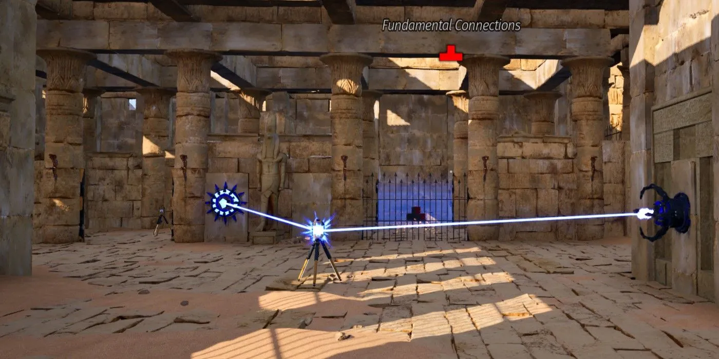 Nhân vật trong The Talos Principle 2 đang giải câu đố Kết Nối Cơ Bản, sử dụng các tia laser và cổng kết nối.