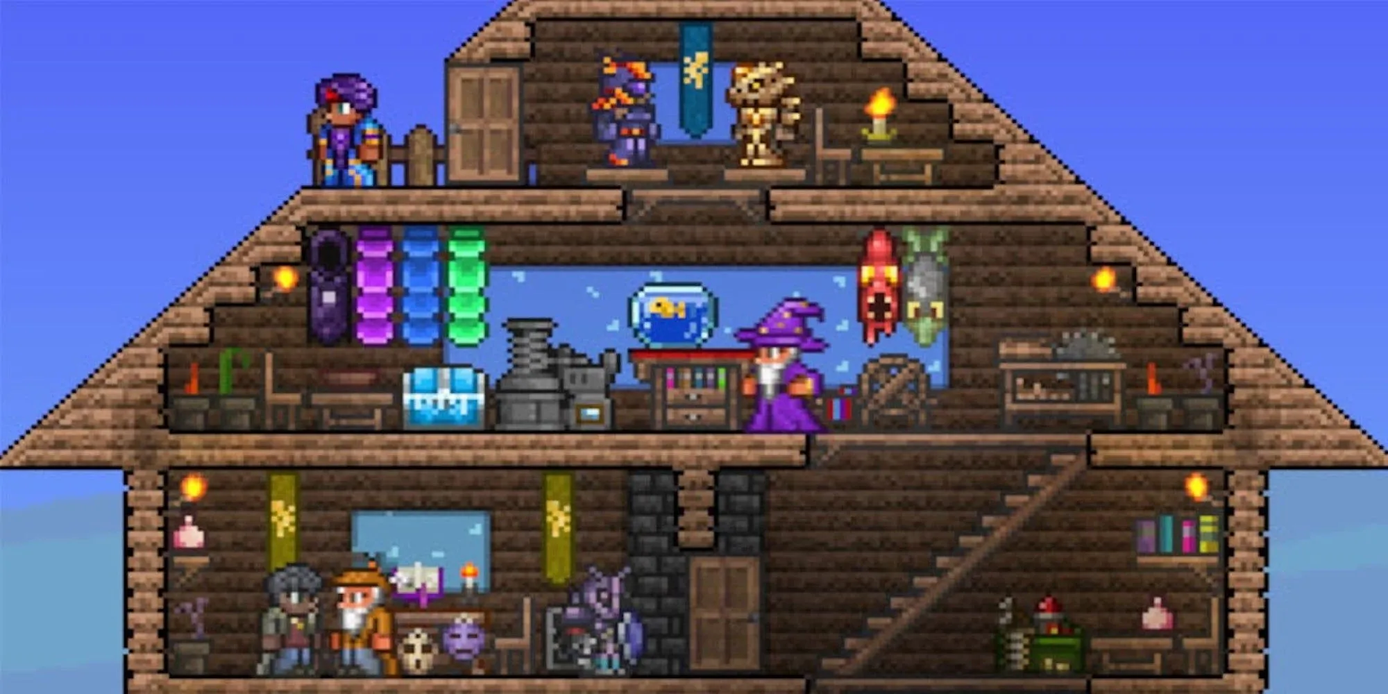 Nhiều nhân vật người chơi Terraria trong một căn cứ được xây dựng công phu