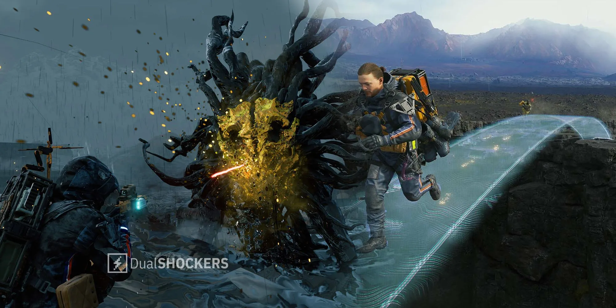 Pha hành động của Sam Bridges trong thế giới Death Stranding, thể hiện gameplay độc đáo