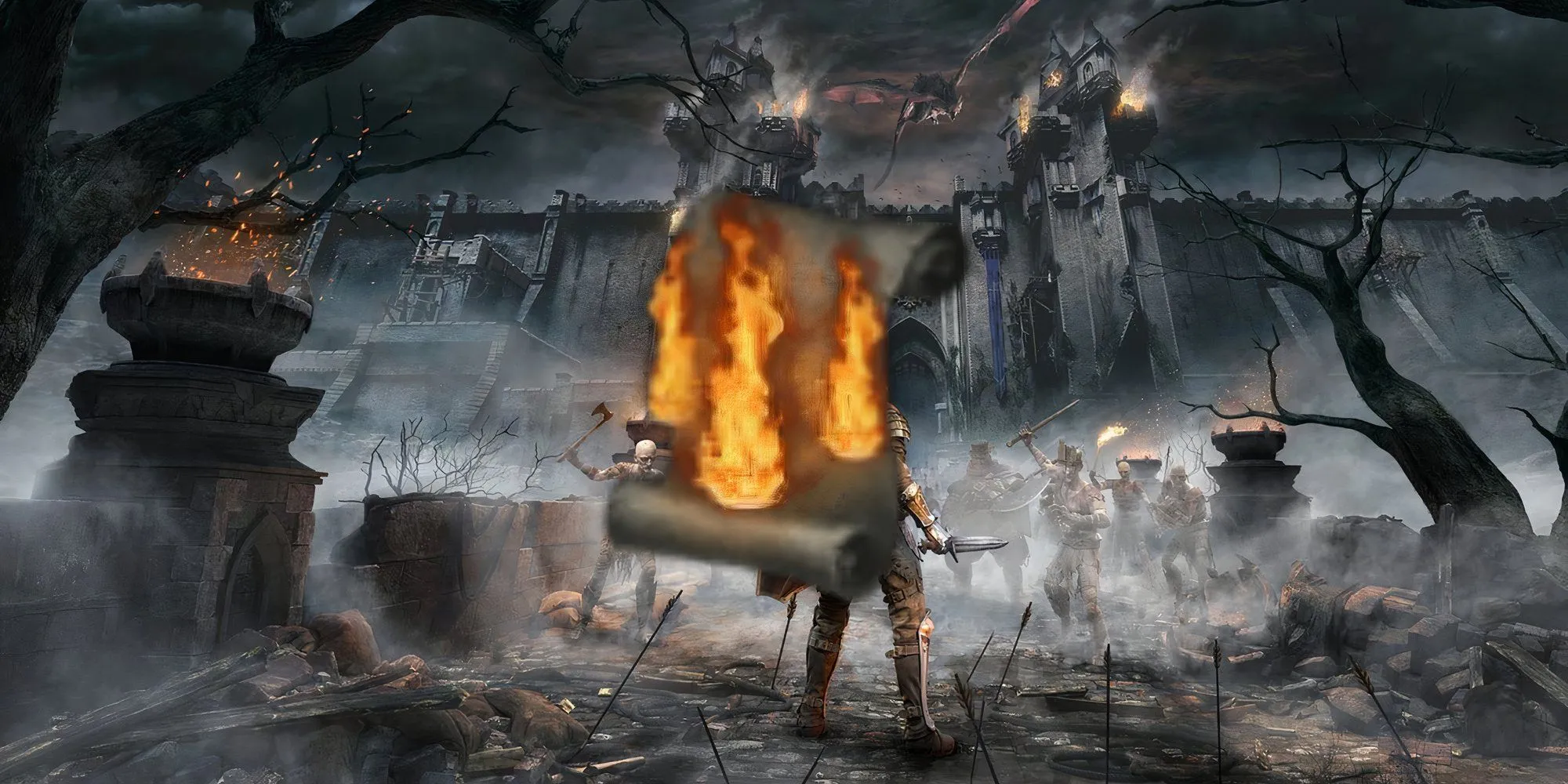 Phép Firestorm tạo các cột lửa phun trào xung quanh nhân vật Demon's Souls