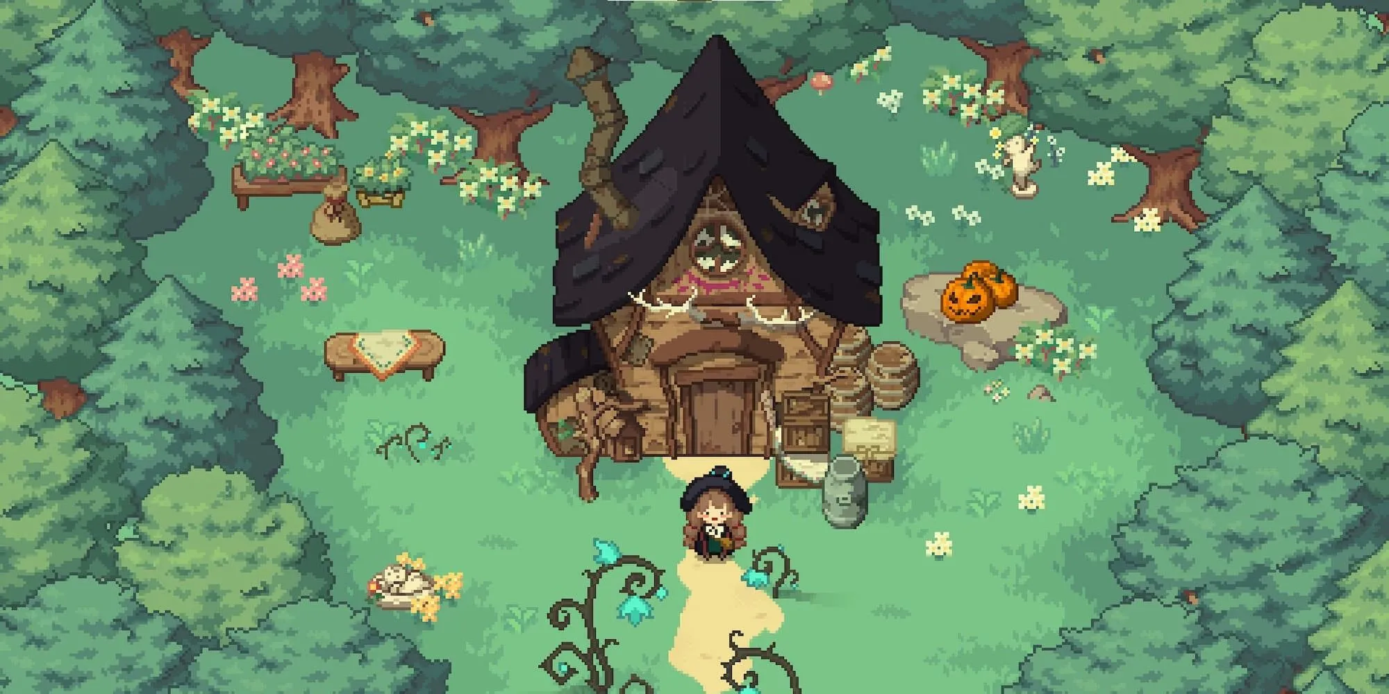 Phù thủy tập sự Ellie đứng trước ngôi nhà tranh ấm cúng trong game Little Witch in the Woods