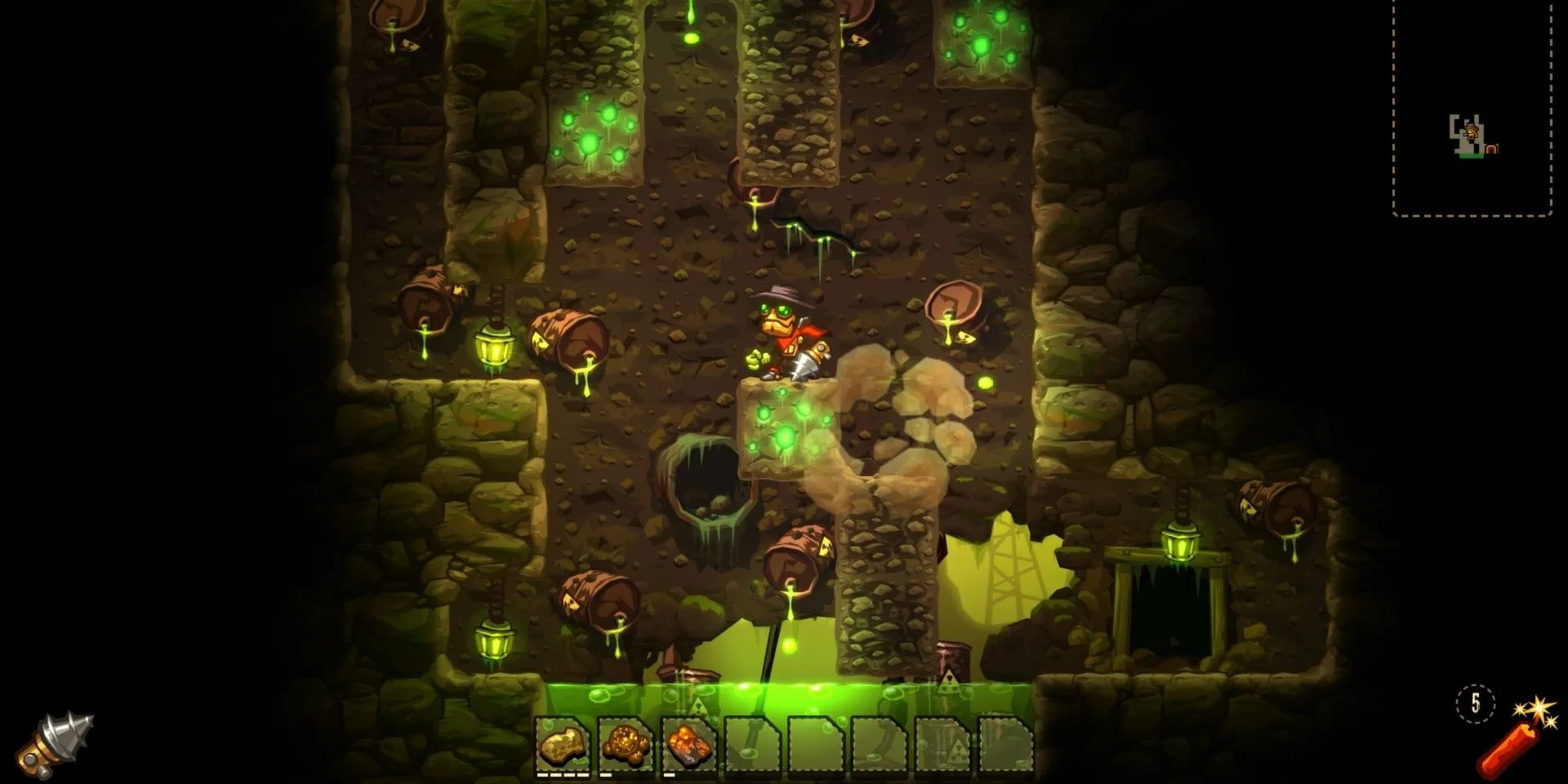 Robot Rusty đứng gần hồ axit trong thế giới ngầm của SteamWorld Dig