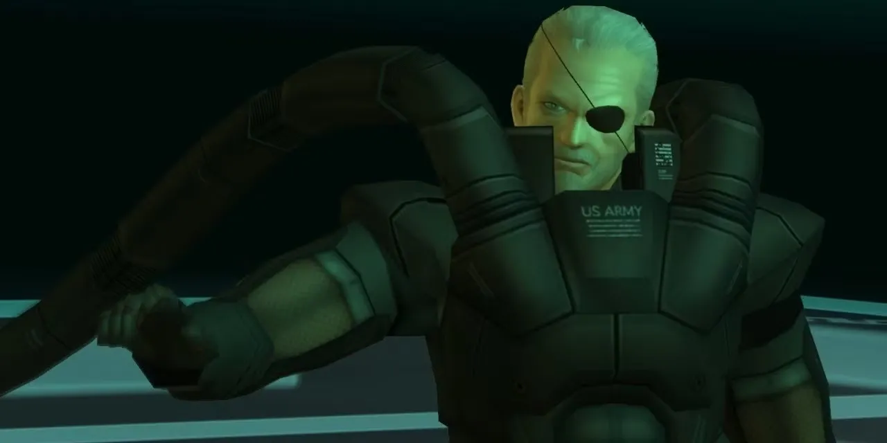 Solidus Snake với hai thanh kiếm và bộ giáp cơ khí trong Metal Gear Solid 2 Sons of Liberty