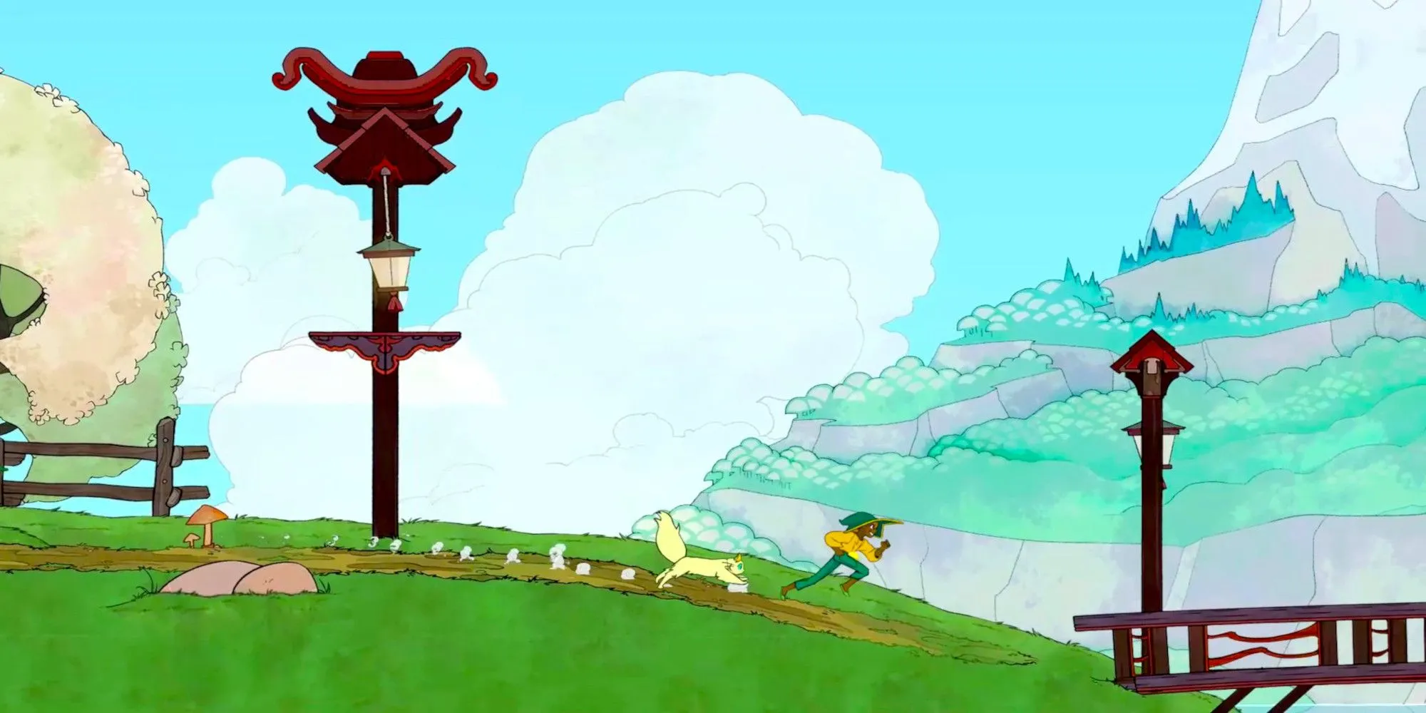 Stella và chú mèo Daffodil chạy trên ngọn đồi xanh trong game Spiritfarer