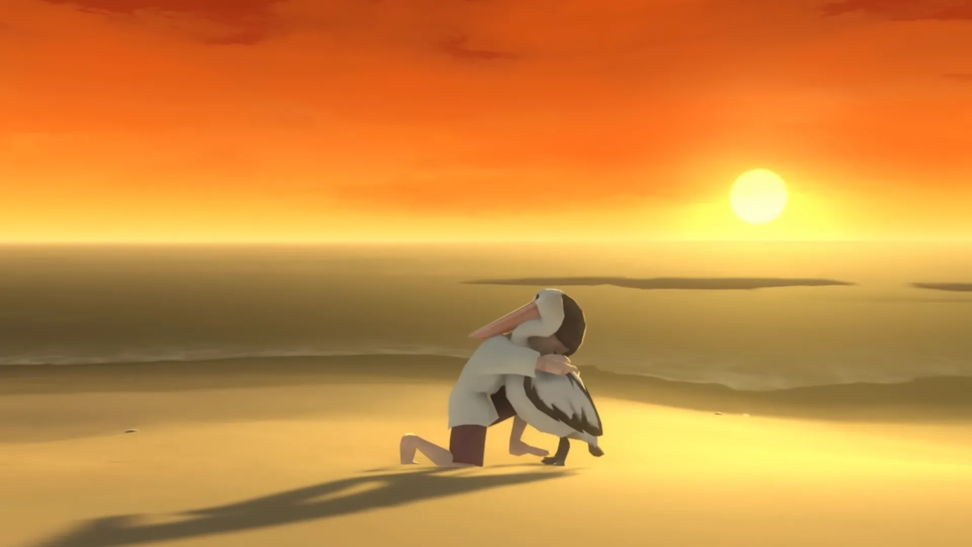 Storm Boy - hình ảnh một cậu bé và chú bồ nông trên bãi biển trong game phiêu lưu Storm Boy