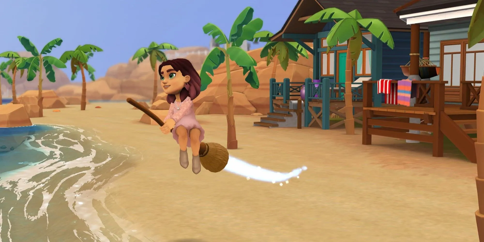 Tara cưỡi chổi bay qua thị trấn Fairhaven trong game nông trại phù thủy Wylde Flowers