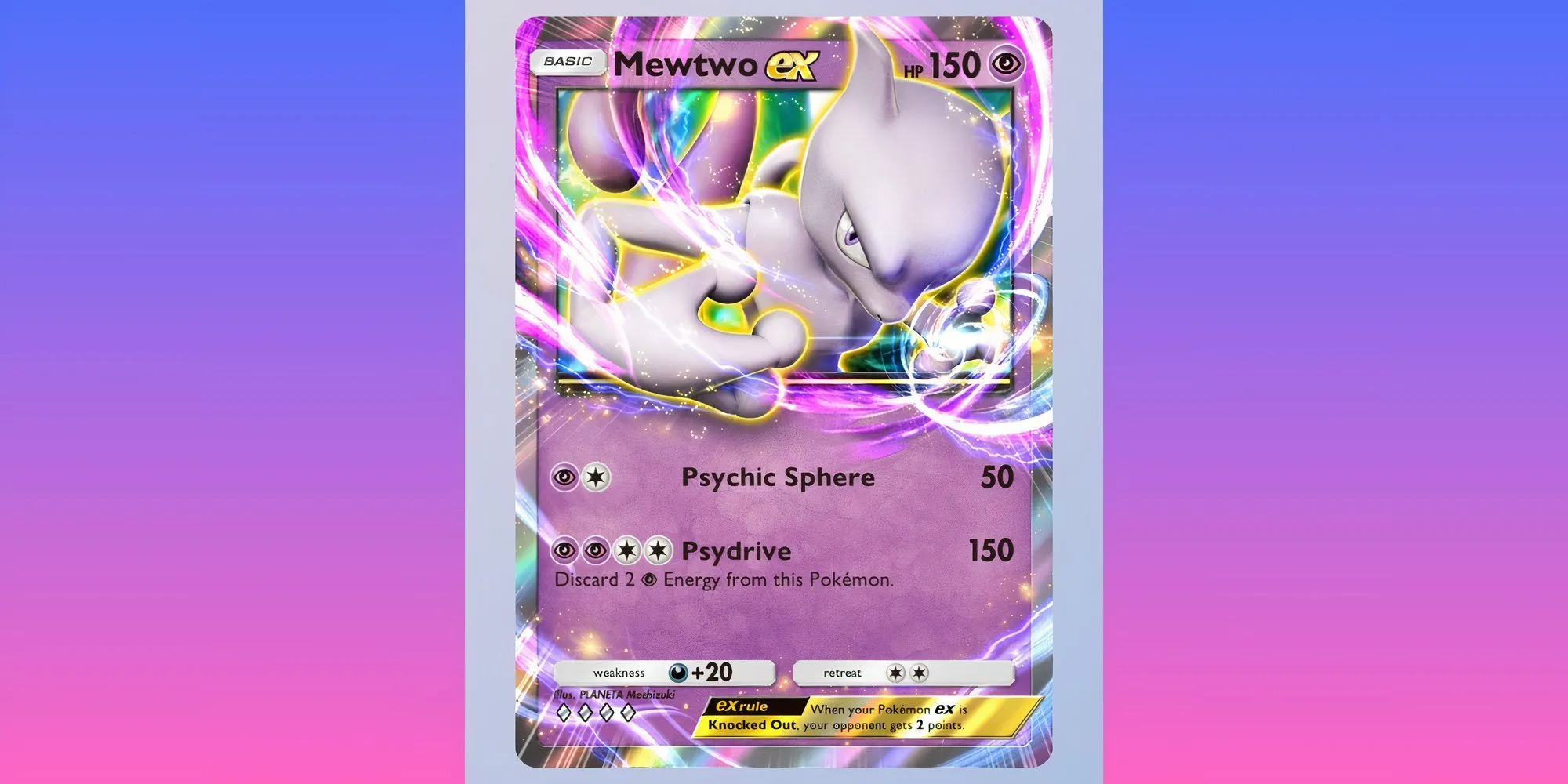 Thẻ bài Mewtwo EX trong Pokemon TCG Pocket với đòn tấn công Psydrive 150 sát thương