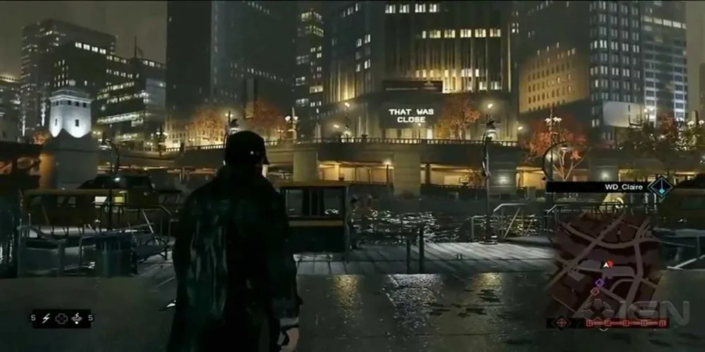 Toàn cảnh thành phố Chicago về đêm trong game Watch Dogs nơi Aiden Pearce thực hiện các phi vụ hack