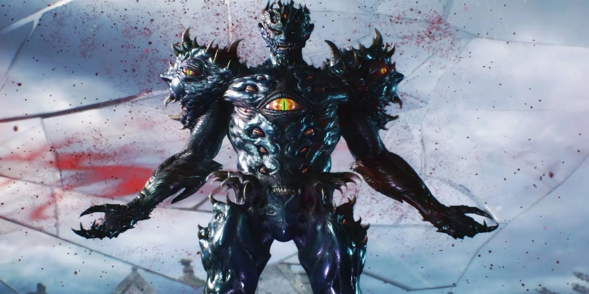 Urizen trong Devil May Cry 5, ngồi trên ngai vàng đầy máu và dây leo, được bảo vệ bởi một tinh thể đỏ.