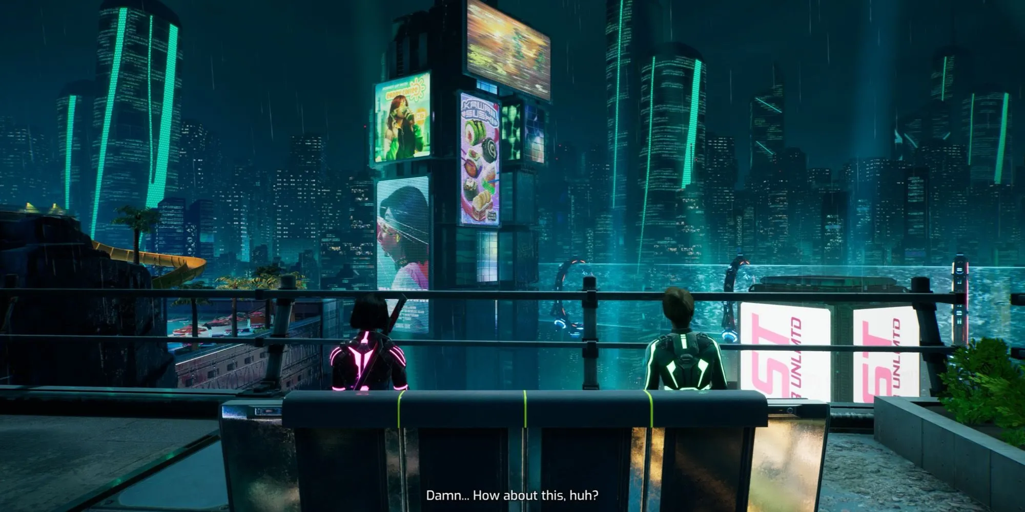 Vị trí ghế băng đầu tiên trong Split Fiction, trên ban công một tòa nhà ở Big City Life