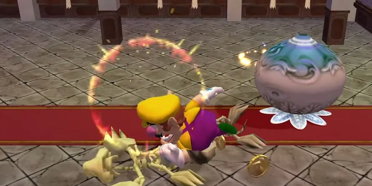 Wario sử dụng cú húc đầu hạ gục đối thủ trong Wario World GameCube