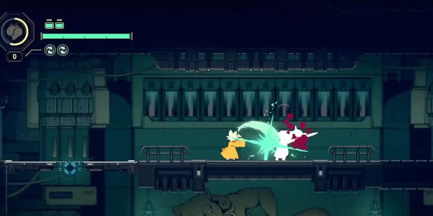 Yi đối mặt với lính gác tại Power Reservoir (East) Root Node trong Nine Sols để farm Jin đầu game