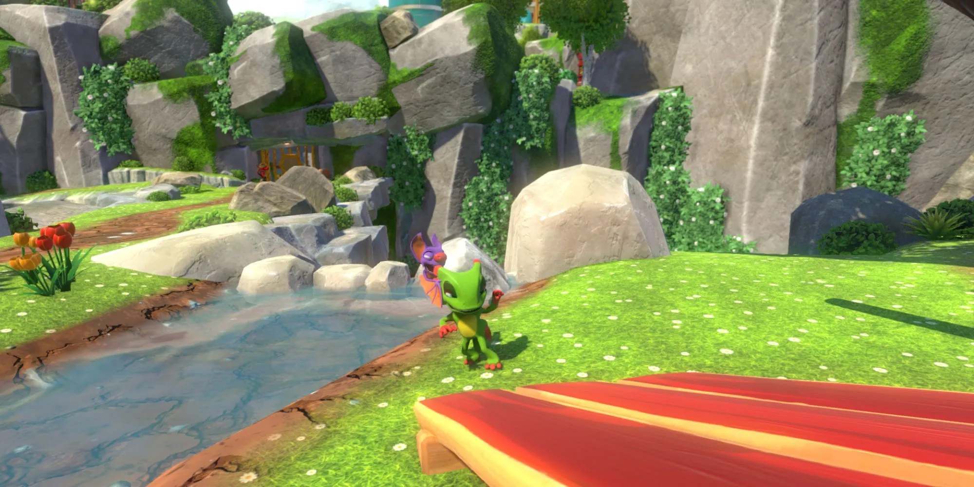 Yooka-Laylee - cặp đôi Yooka và Laylee bên một dòng sông trong thế giới game platformer đầy màu sắc