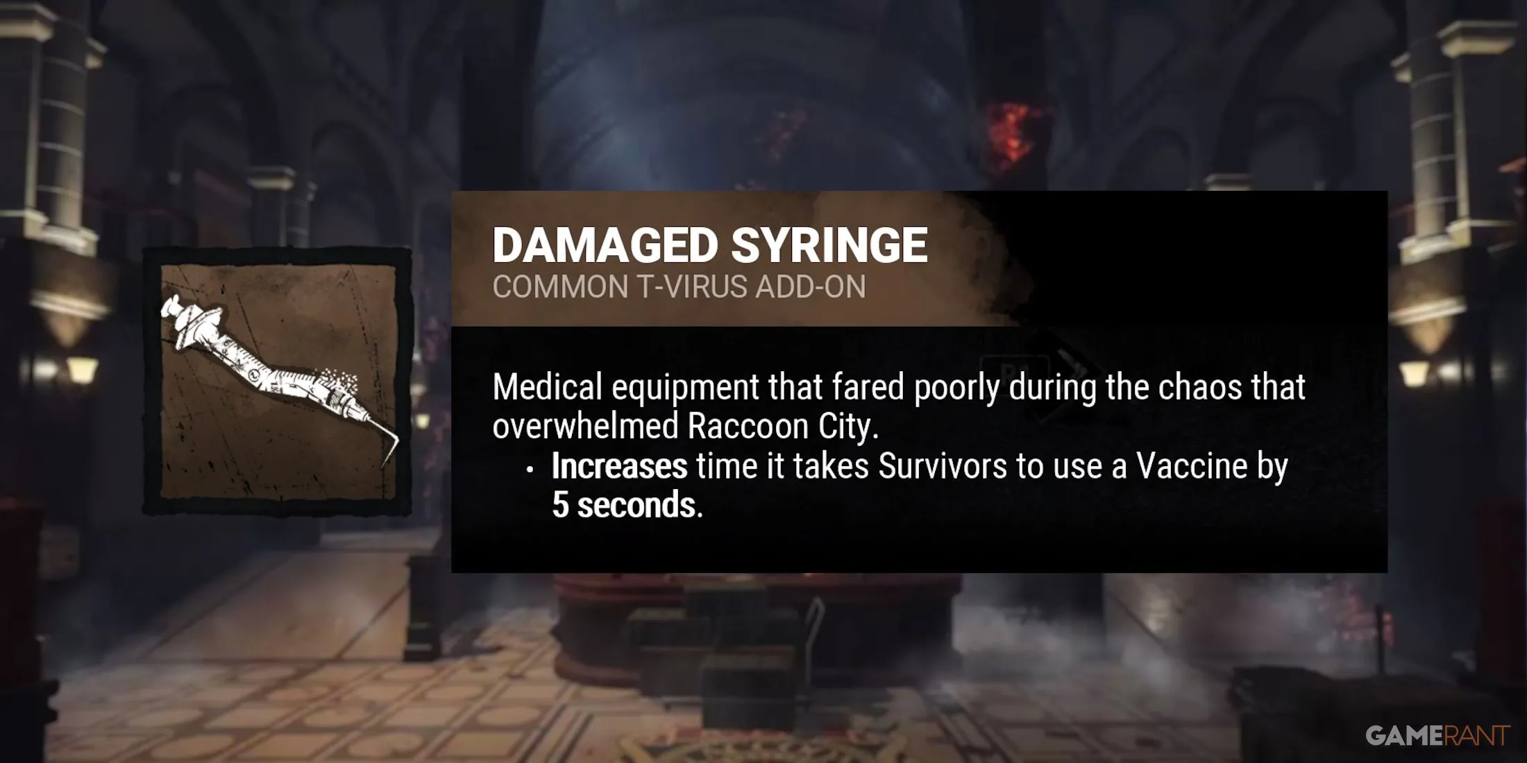 Add-On Damaged Syringe của Nemesis trong Dead by Daylight, hỗ trợ làm chậm Survivor nhiễm trùng.