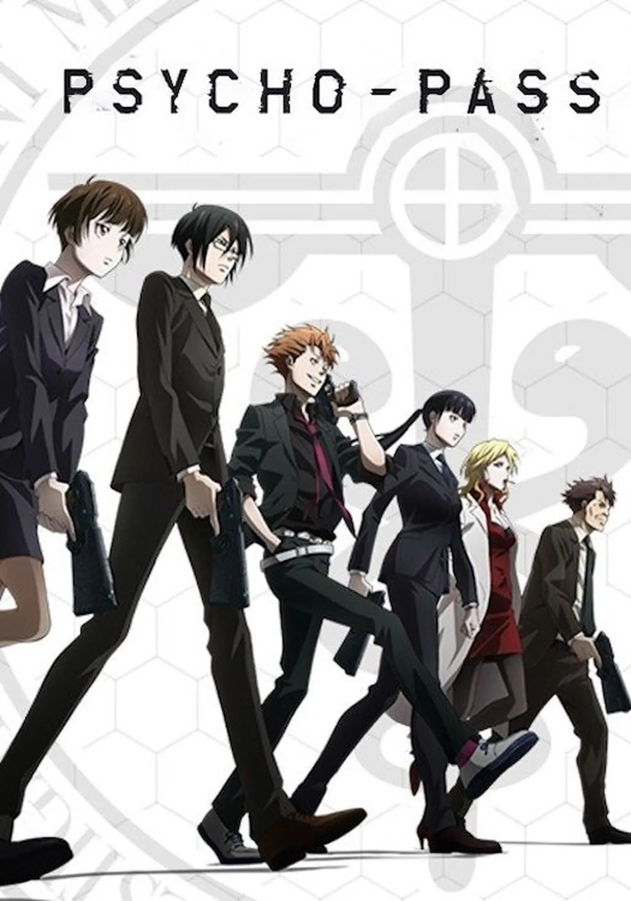 Akane Tsunemori và Shinya Kogami với khẩu Dominator trong poster Psycho-Pass, thể hiện sự đối lập giữa công lý và hệ thống Sibyl trong thế giới cyberpunk.