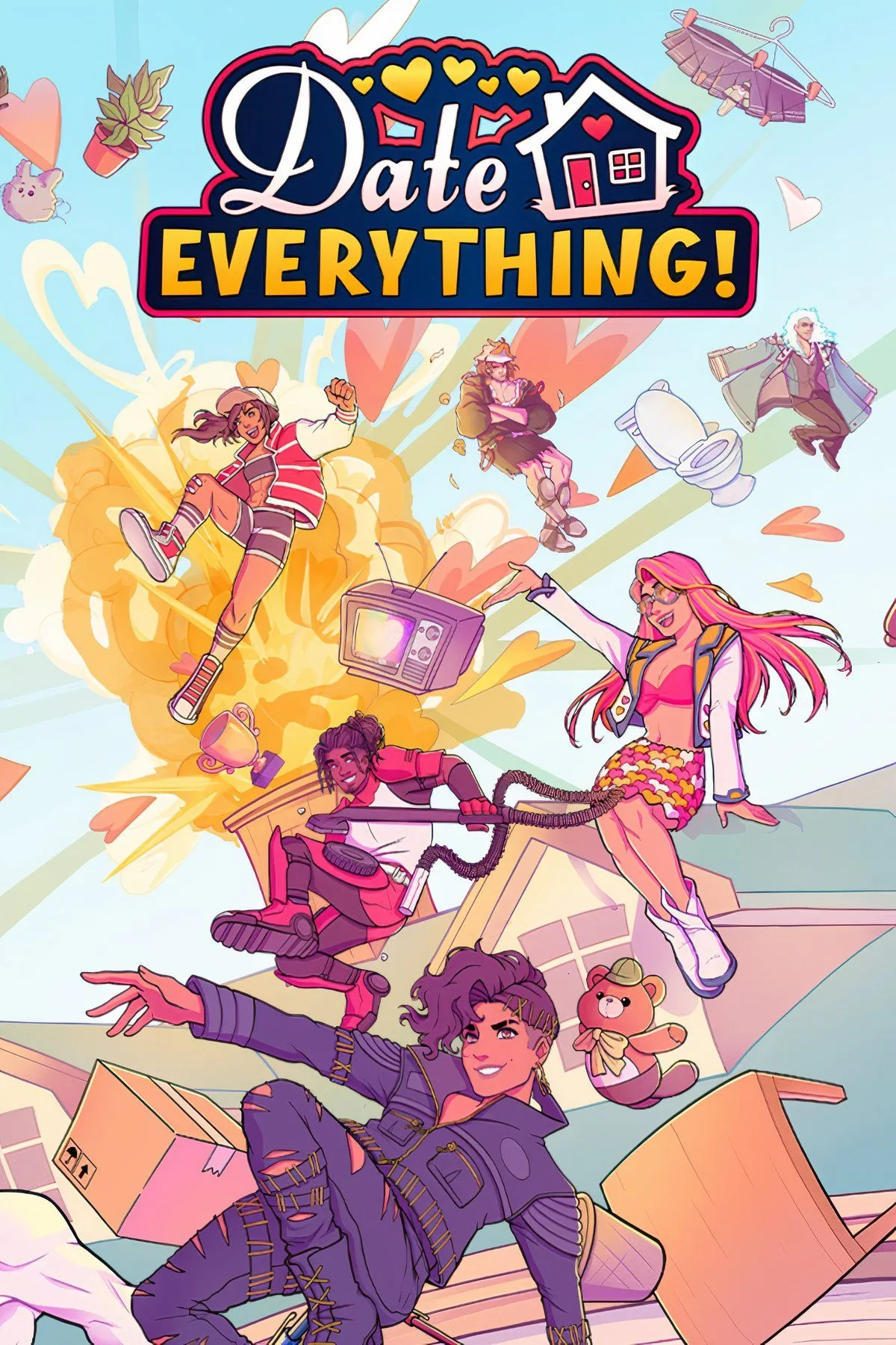 Ảnh bìa game Date Everything!, một tựa visual novel độc đáo với khả năng hẹn hò các vật thể vô tri được nhân hóa, mang đến trải nghiệm hài hước và không giới hạn.