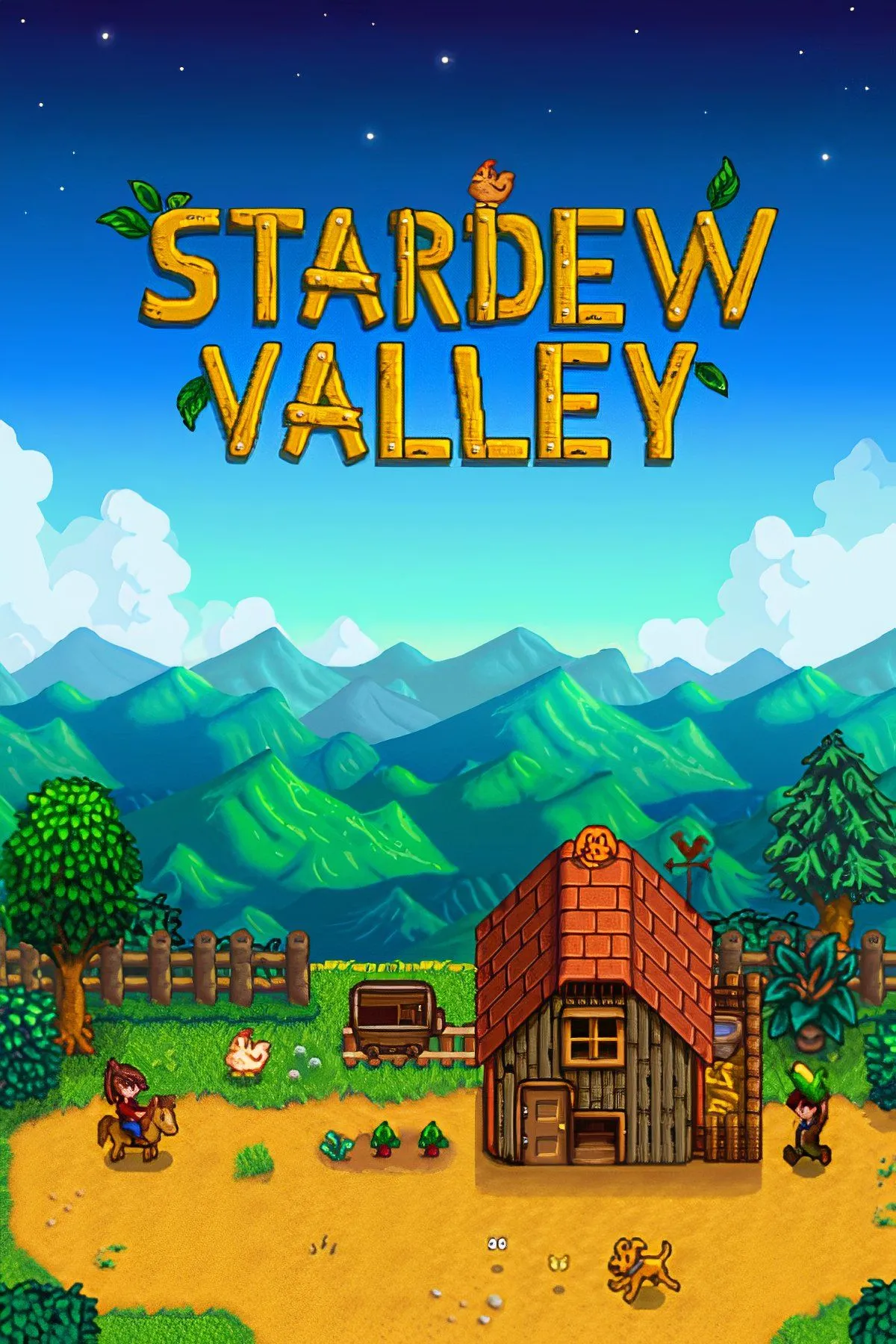 Ảnh bìa game Stardew Valley, tựa game mô phỏng nông trại cho phép người chơi phát triển mối quan hệ thân thiết và lãng mạn với nhiều NPC trong thị trấn Pelican.