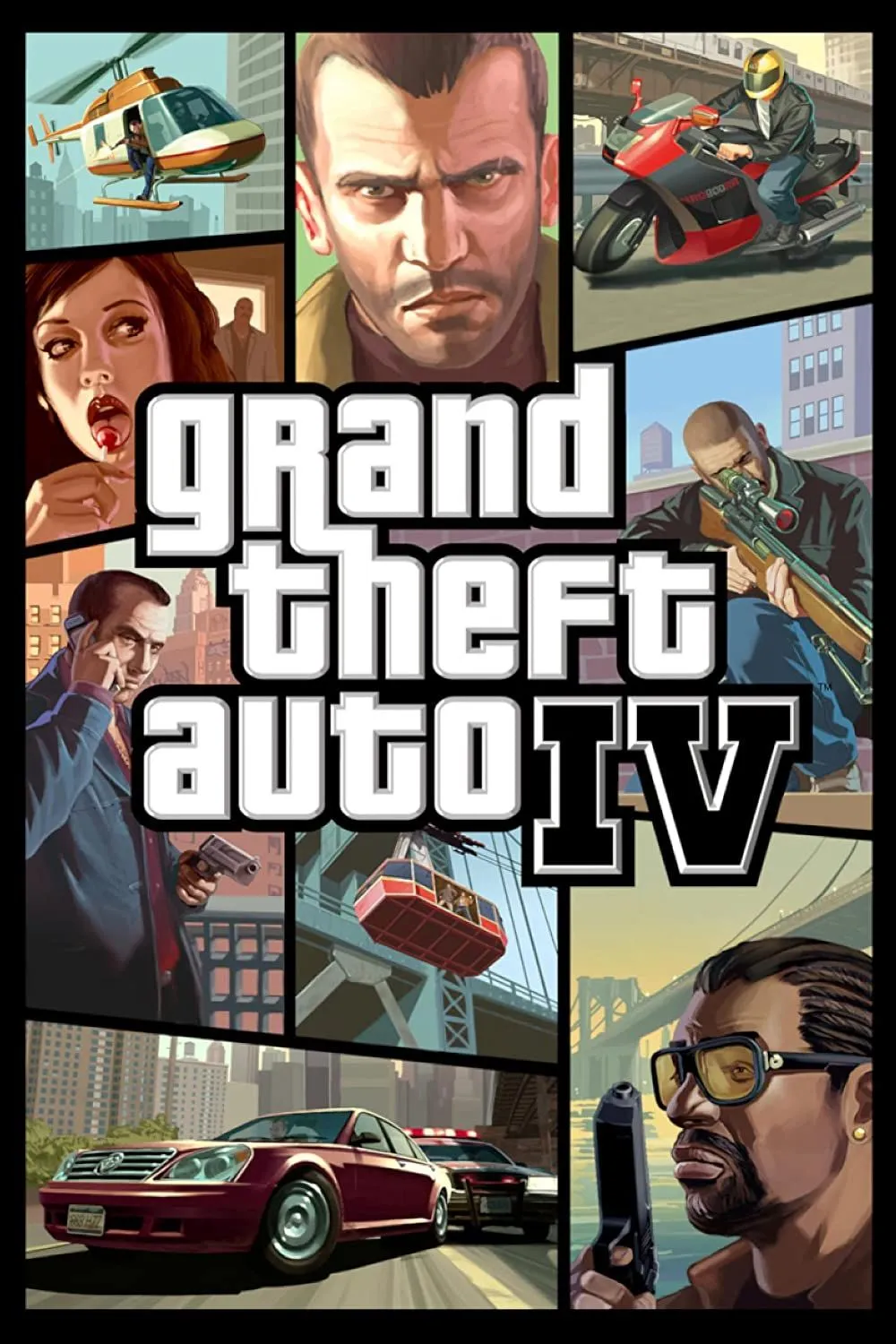 Ảnh bìa Grand Theft Auto 4 với nhân vật chính Niko Bellic, phản ánh không khí thành phố Liberty