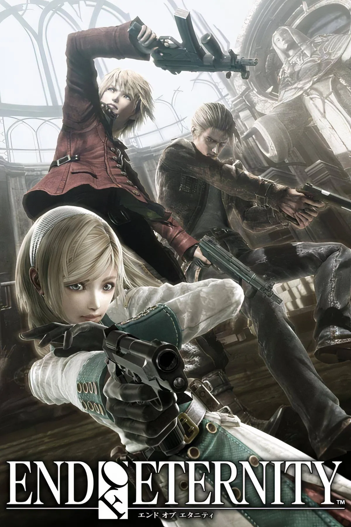 Ảnh cắt ghép từ game Resonance Of Fate, bao gồm các nhân vật chính Zephyr, Leanne và Vashyron cùng cảnh quan thành phố steampunk độc đáo.