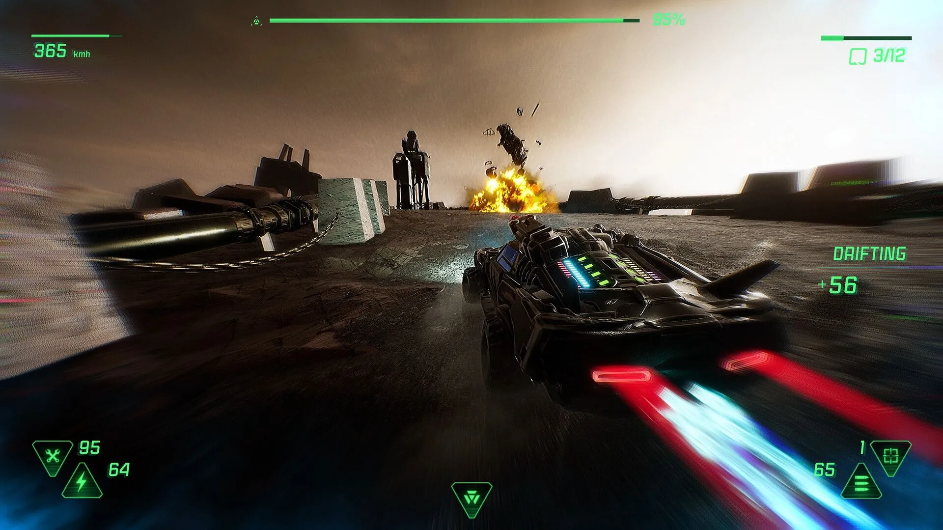 Ảnh chụp màn hình gameplay Fatal Run 2089 với xe chiến đấu trong môi trường hậu tận thế