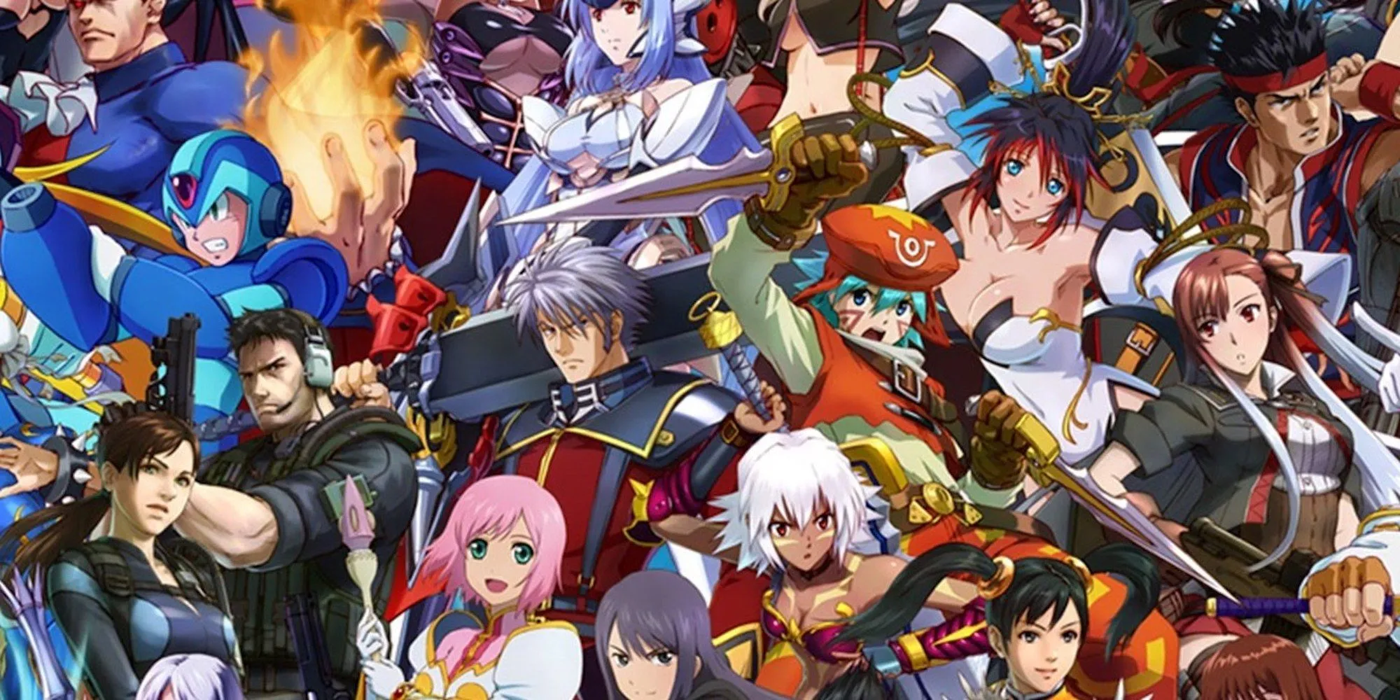 Ảnh quảng bá dàn nhân vật đa vũ trụ trong Project X Zone, một game nhập vai chiến thuật kết hợp từ Capcom, Sega và Bandai Namco.