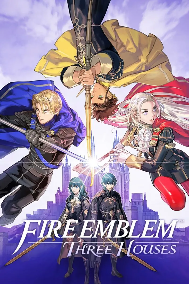 Artwork chính của Fire Emblem Three Houses, thể hiện ba nhà chính của học viện Garreg Mach.