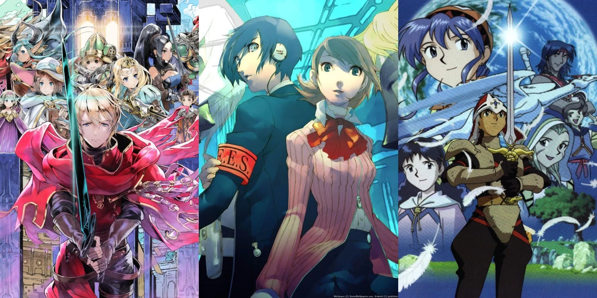 Ba biểu tượng game JRPG gồm Radiant Historia, Persona 3 Reload và Lunar Silver Star Story đại diện cho các tựa game nhập vai kinh điển.